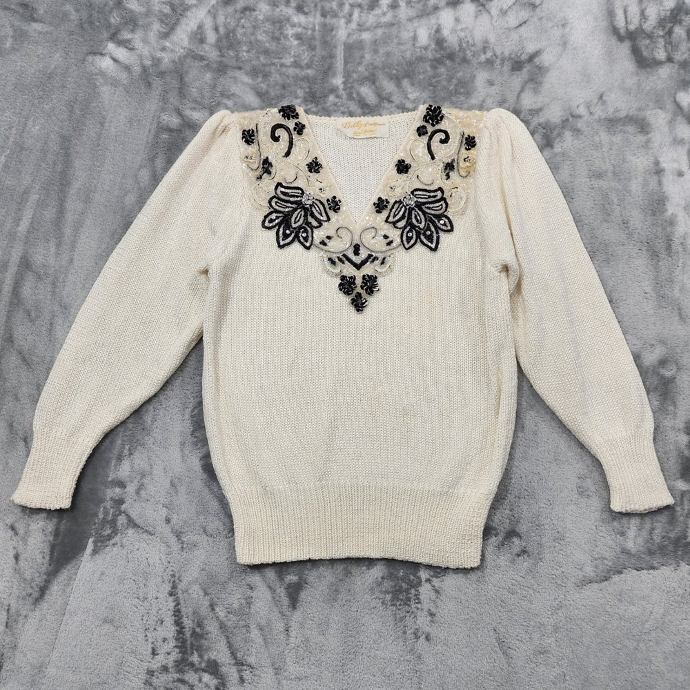 Vintage 80s Lilly of California Sweater Women M Ivory Black Sequin Beaded V-Neck